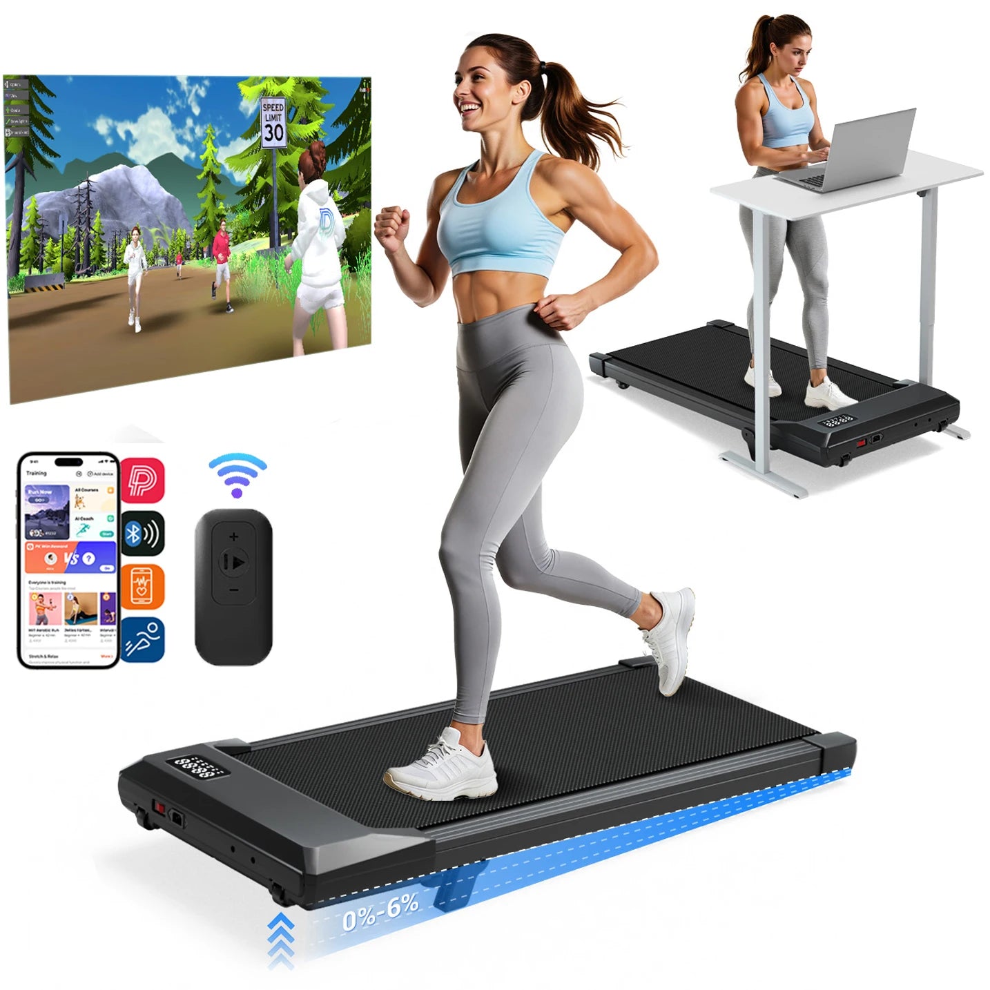 Portable Foldable Incline Walking Home Office Pad Treadmill LED Display & Remote Control
