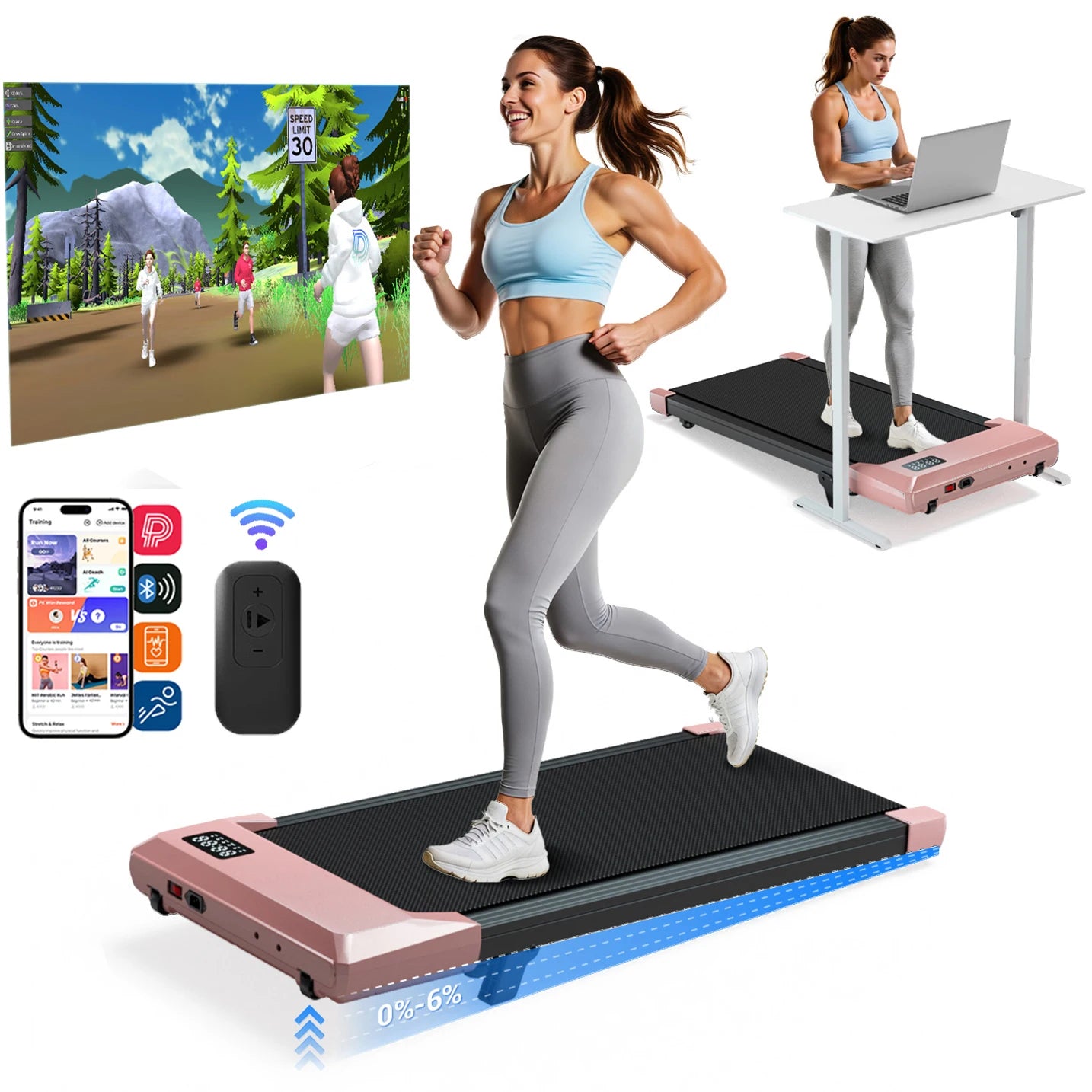 Portable Foldable Incline Walking Home Office Pad Treadmill LED Display & Remote Control